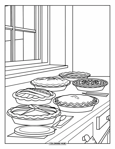 Coloriage de plats de Thanksgiving pour enfants : Des tartes fraîchement cuites refroidissent sur un comptoir près d'une fenêtre et d'ustensiles