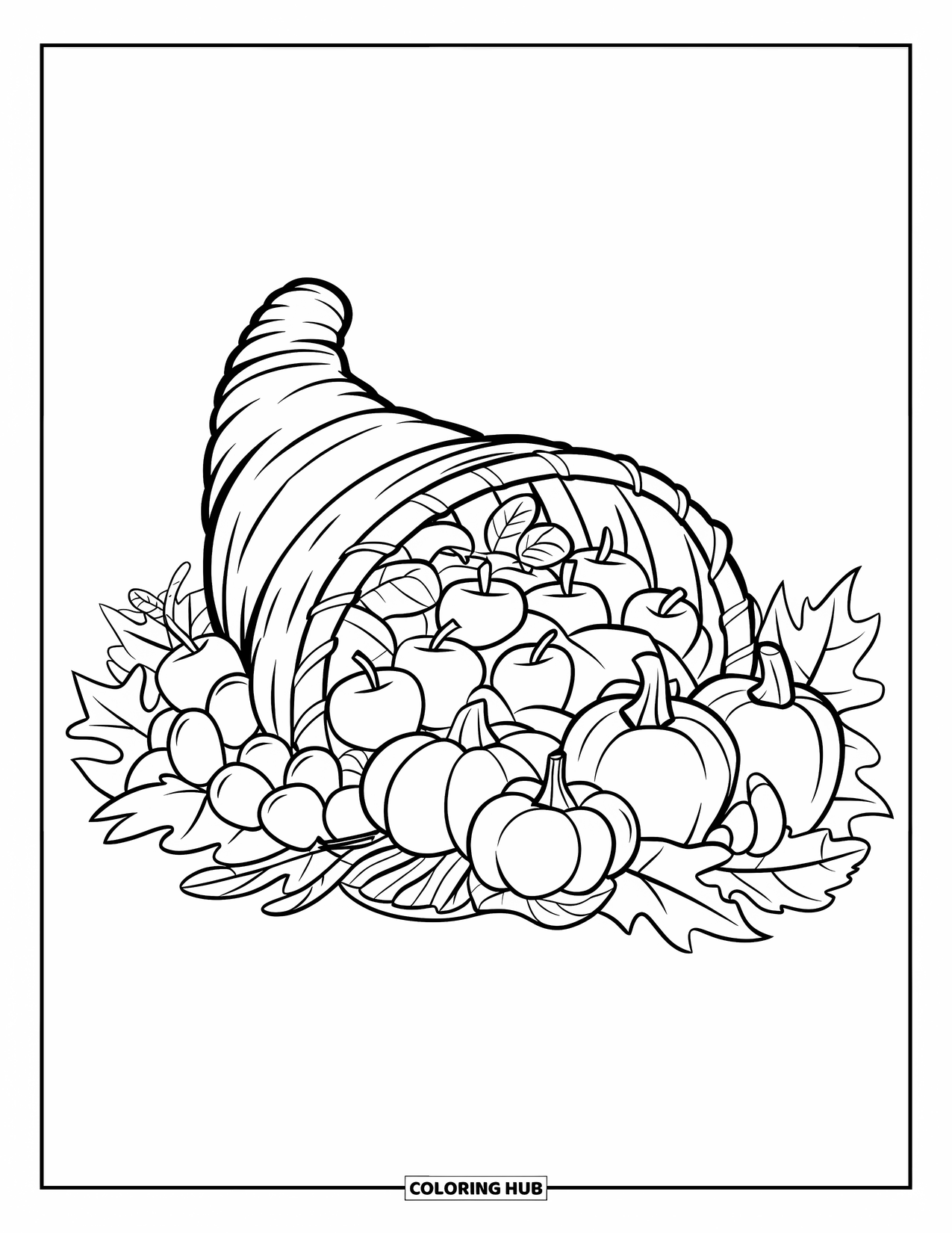 Thanksgiving Food Coloring Page for Kids: Fruits and veggies burst from a cornucopia with leaves and a turkey