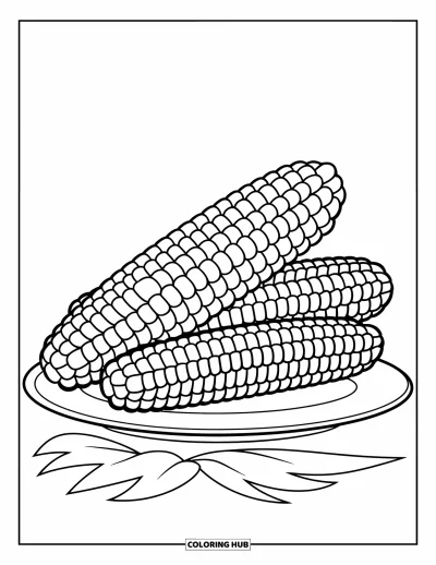 Coloriage de plats de Thanksgiving pour enfants : Des épis de maïs dorés sont empilés à côté d'une assiette avec une feuille verte