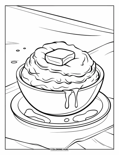 Coloriage de plats de Thanksgiving pour enfants : De la sauce brune coule près de la purée de pommes de terre avec du beurre sur le dessus