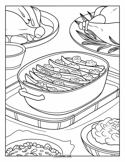 Coloriage de plats de Thanksgiving pour enfants : Un gratin de haricots verts est posé sur un plateau avec d'autres plats de Thanksgiving autour