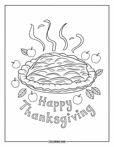 Coloriage de plats de Thanksgiving pour enfants : Des feuilles, des pommes et une tarte décorent une scène avec un panneau "Happy Thanksgiving"