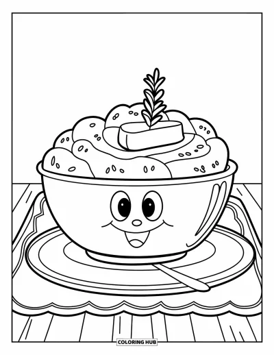 Coloriage de plats de Thanksgiving pour enfants : Une purée de pommes de terre souriante avec du beurre et du romarin est présentée sur un set de table