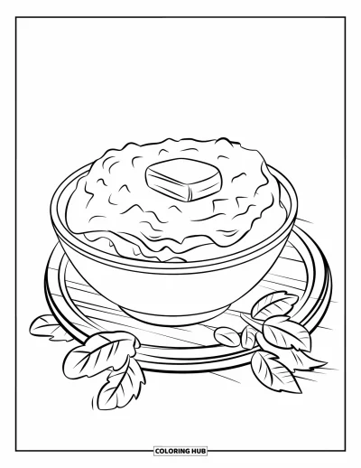 Coloriage de plats de Thanksgiving pour enfants : Une purée de pommes de terre beurrée est dans un bol entouré de feuilles
