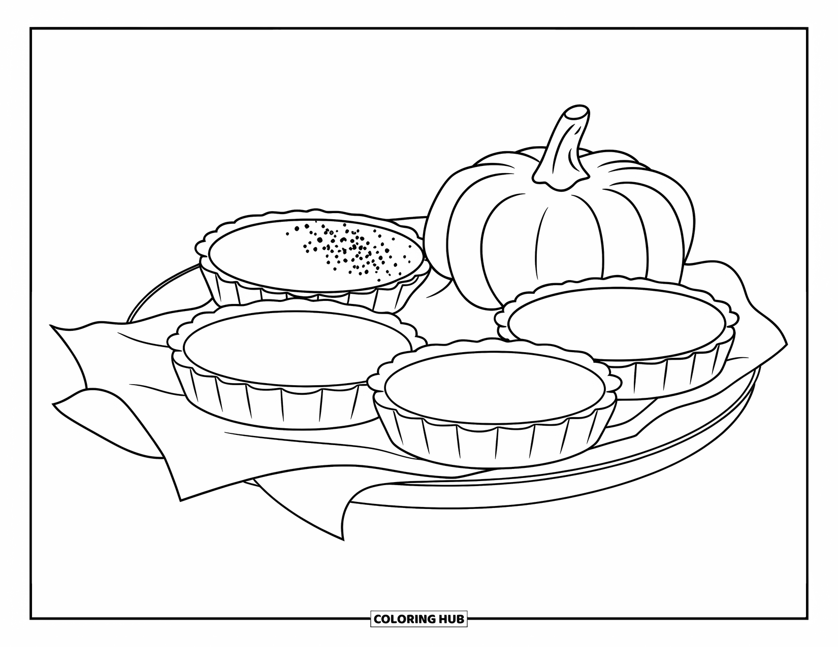 Thanksgiving Food Coloring Page for Kids: Mini pumpkin tarts sit on a plate with cinnamon sprinkled on top