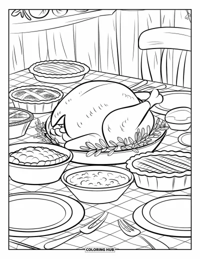 Coloriage de plats de Thanksgiving pour enfants : Des tartes et des accompagnements entourent une dinde sur une table à carreaux dans un décor rustique