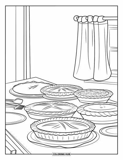 Coloriage de plats de Thanksgiving pour enfants : Des tartes refroidissent sur un comptoir de cuisine entouré d'ustensiles et d'une fenêtre avec rideau