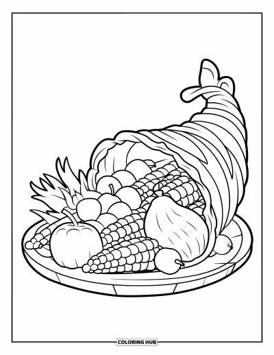 Coloriage de plats de Thanksgiving pour enfants : Une corne d'abondance adaptée aux tout-petits, remplie de fruits et de grandes formes faciles à colorier