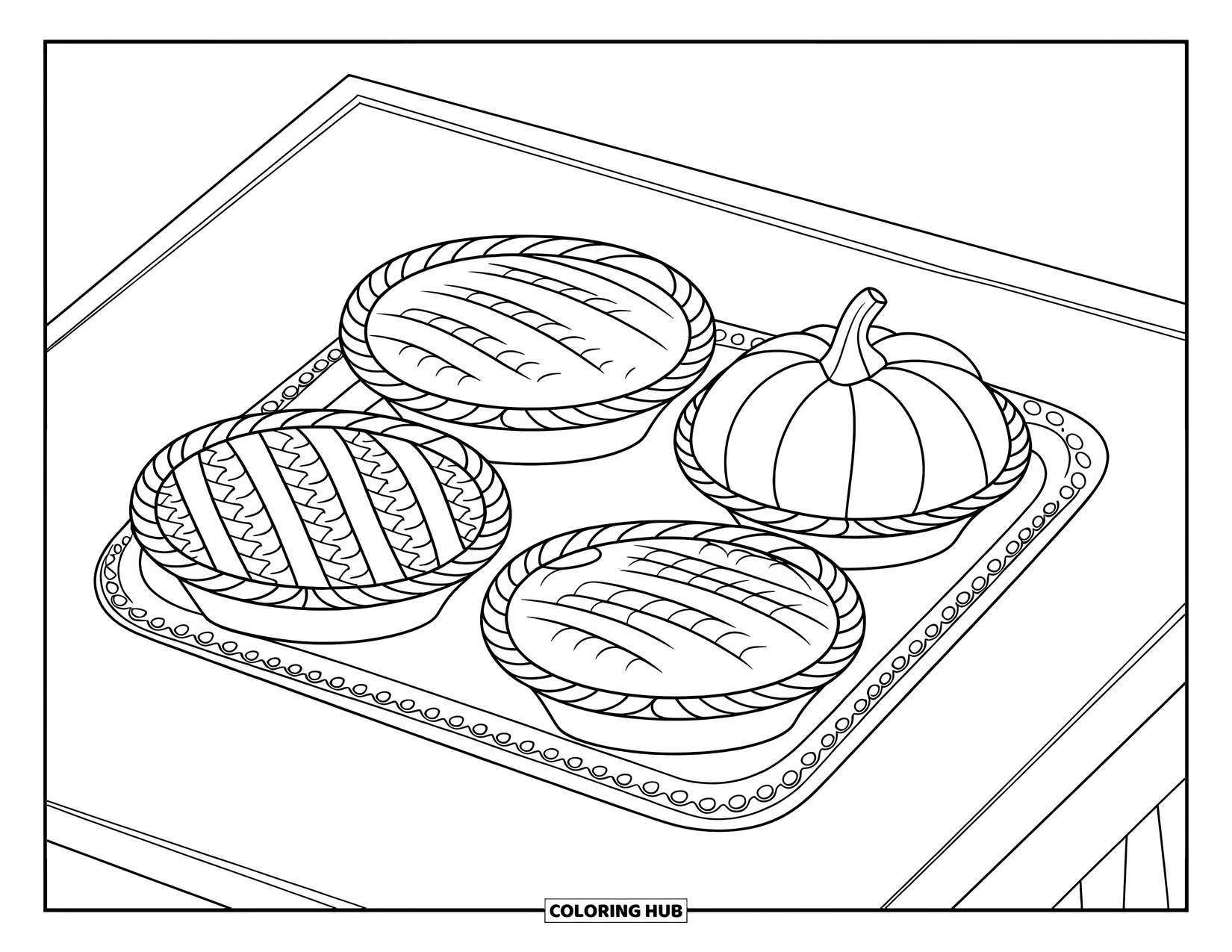 Thanksgiving Food Coloring Page for Kids: Pumpkin, apple, and cherry pies sit neatly on a decorated Thanksgiving tray