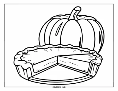Coloriage de plats de Thanksgiving pour enfants : Une tarte à la citrouille avec une part manquante est posée près d'une petite citrouille