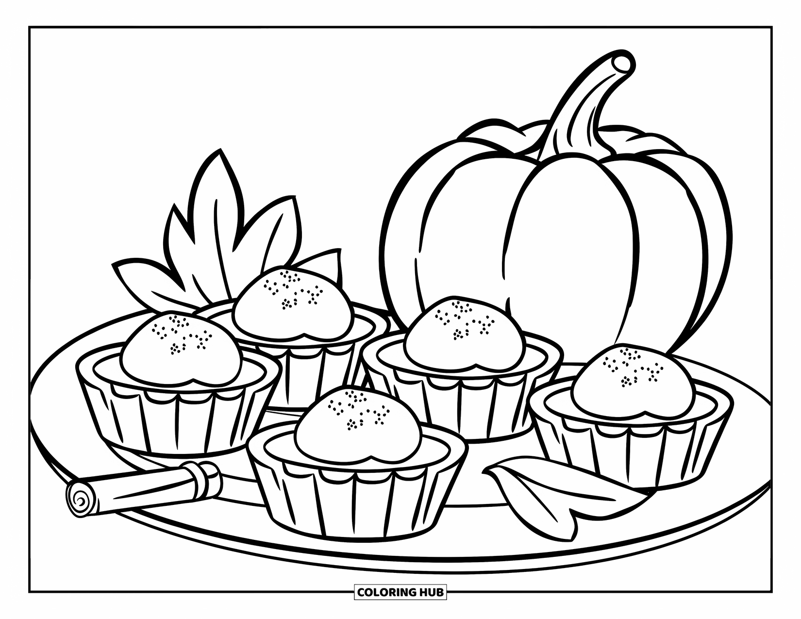 Thanksgiving Food Coloring Page for Kids: Pumpkin tarts with whipped cream are arranged near a leaf and pumpkin stem