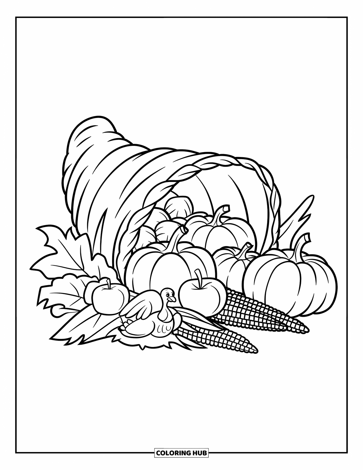 Thanksgiving Food Coloring Page for Kids: Pumpkins, apples, and corn spill from a cornucopia with a turkey nearby