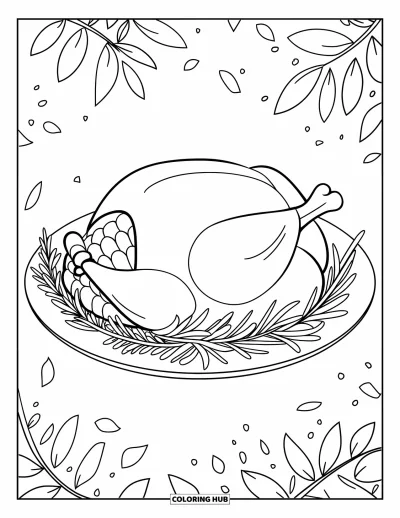 Coloriage de plats de Thanksgiving pour enfants : Des brins d'herbes encadrent une dinde rôtie avec quelques feuilles éparpillées