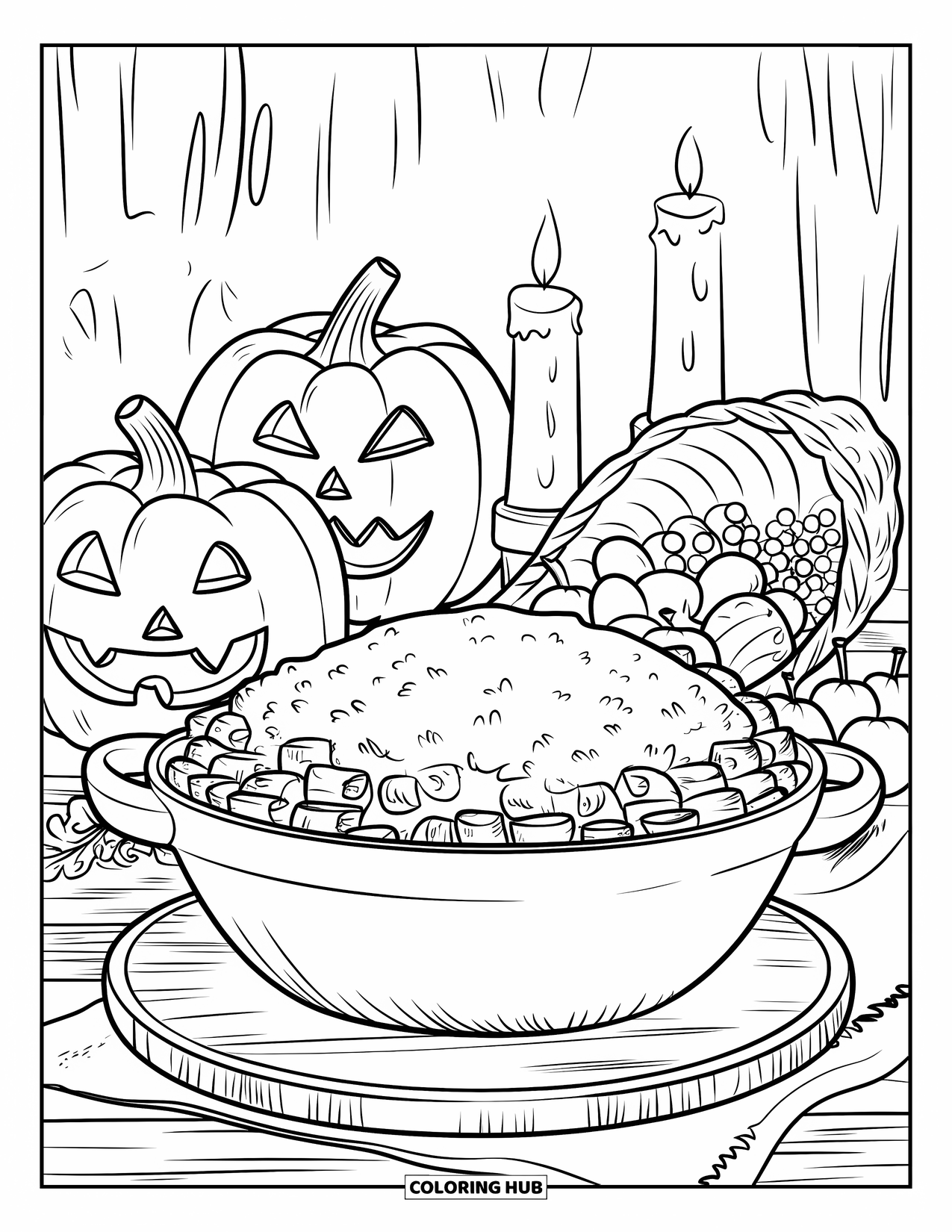 Thanksgiving Food Coloring Page for Kids: Stuffing steams beside pumpkins, a cornucopia, and glowing candles on a rustic table