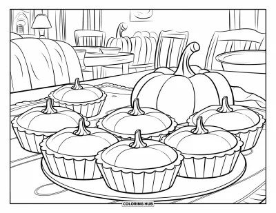 Coloriage de plats de Thanksgiving pour enfants : Des tartelettes sont disposées sur une table avec des chaises et une lampe chaleureuse derrière