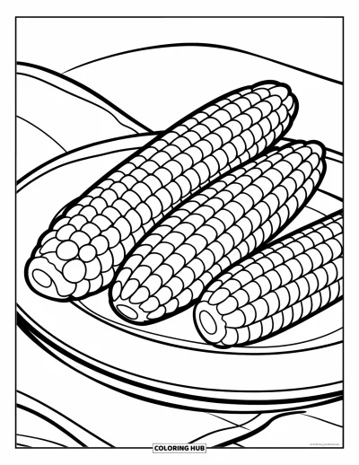 Coloriage de plats de Thanksgiving pour enfants : Trois épis de maïs sont empilés à côté d'une assiette vide