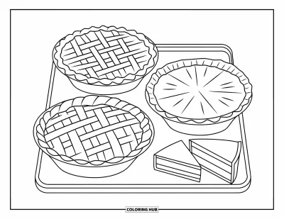 Coloriage de plats de Thanksgiving pour enfants : Trois tartes aux croûtes différentes reposent sur un plateau avec des parts supplémentaires à côté