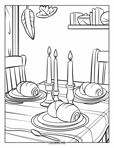 Coloriage de plats de Thanksgiving pour enfants : Trois assiettes de petits pains sont posées sur une table en bois avec une bougie au centre