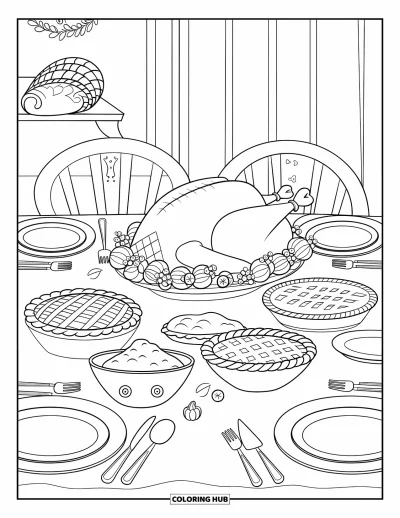 Coloriage de plats de Thanksgiving pour enfants : Une dinde et des tartes garnissent une table festive avec une couronne et une corne d'abondance à proximité