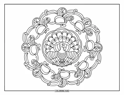 Coloriage de dinde de Thanksgiving pour adultes : Une dinde centrale est cernée de vrilles enroulées, de courges et de glands dans un cercle feuillu
