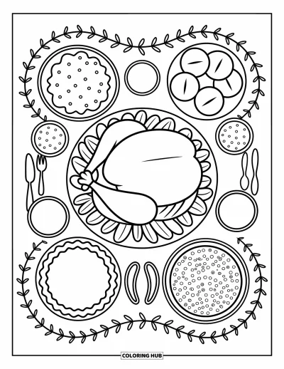 Coloriage de dinde de Thanksgiving pour adultes : Un festin vu de dessus montre une dinde, des accompagnements et une tarte entourés d'une guirlande d'automne