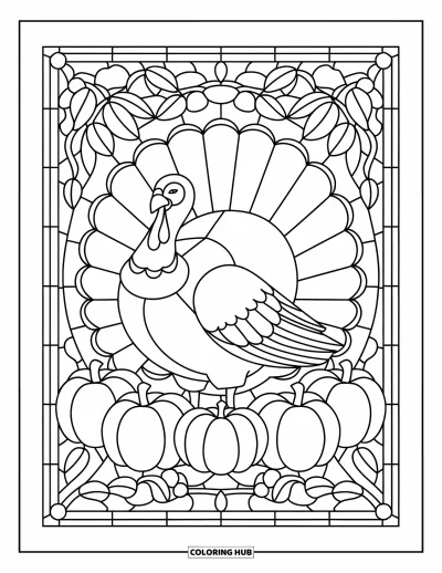 Coloriage de dinde de Thanksgiving pour adultes : Une dinde d'automne est encadrée par des citrouilles en vitrail, des pommes et des tourbillons de feuilles