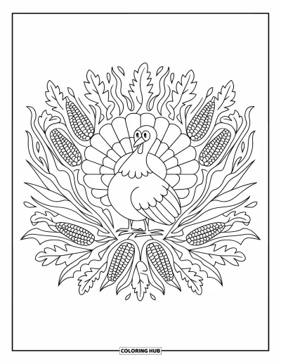Coloriage de dinde de Thanksgiving pour adultes : Un mandala floral accueillant entoure une dinde avec des feuilles de chêne, des épis de maïs et des vignes qui s'enroulent