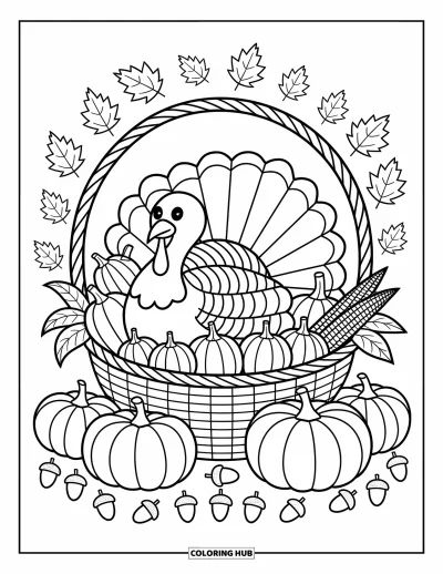Coloriage de dinde de Thanksgiving pour adultes : Un panier de récolte accueillant contient une dinde, des pommes, des courges, du maïs et des feuilles d'automne éparpillées