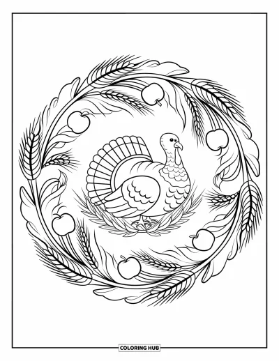 Coloriage de dinde de Thanksgiving pour adultes : Un mandala douillet avec des plumes et des fruits entoure une dinde reposant sur une branche