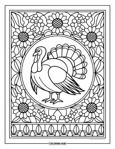 Coloriage de dinde de Thanksgiving pour adultes : Un vitrail chaleureux de canneberges et de tournesols entoure une dinde de Thanksgiving