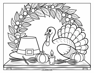 Coloriage de dinde de Thanksgiving pour adultes : Une table réconfortante présente une dinde fière, des bougies, des citrouilles et des bottes de blé