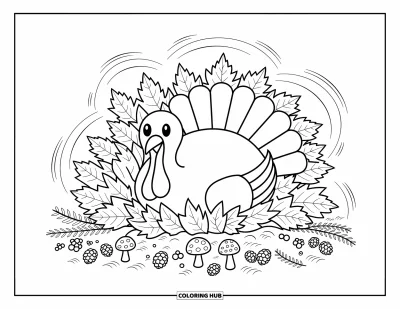 Coloriage de dinde de Thanksgiving pour adultes : Une dinde détendue se prélasse dans un tas de feuilles entourée de champignons et de pommes de pin