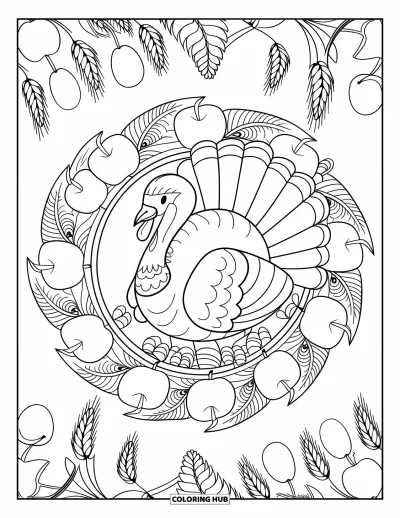 Coloriage de dinde de Thanksgiving pour adultes : Un mandala de plumes entoure une dinde avec des pommes, du blé et des détails d'automne