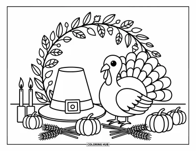 Coloriage de dinde de Thanksgiving pour adultes : Une couronne festive encadre une dinde à côté de bougies allumées, de citrouilles et d'un chapeau de pèlerin