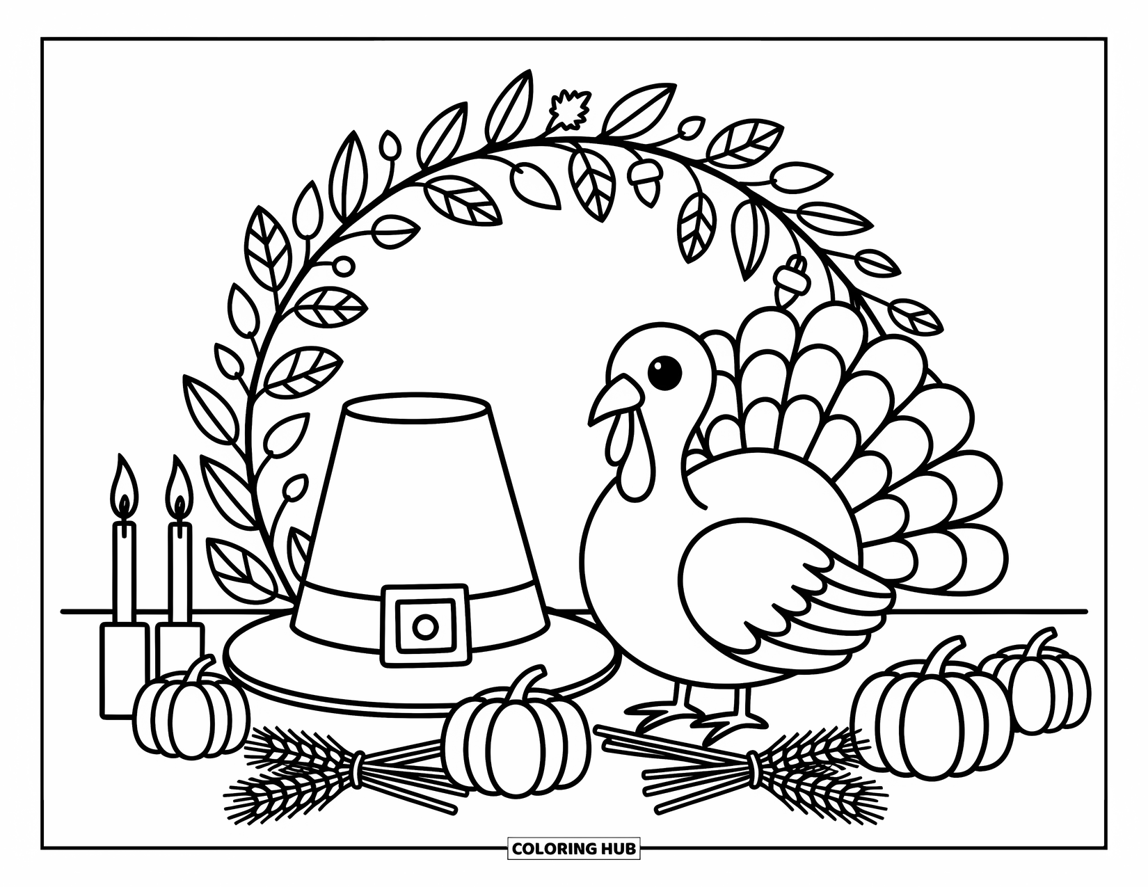 Kleurplaat van een Thanksgiving kalkoen voor volwassenen: Een feestelijke krans omlijst een kalkoen naast gloeiende kaarsen, pompoenen en een pelgrimshoed