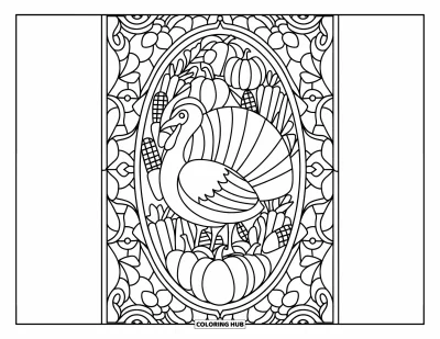 Coloriage de dinde de Thanksgiving pour adultes : Une scène de récolte montre une dinde encadrée dans un vitrail avec des citrouilles et des feuilles tourbillonnantes