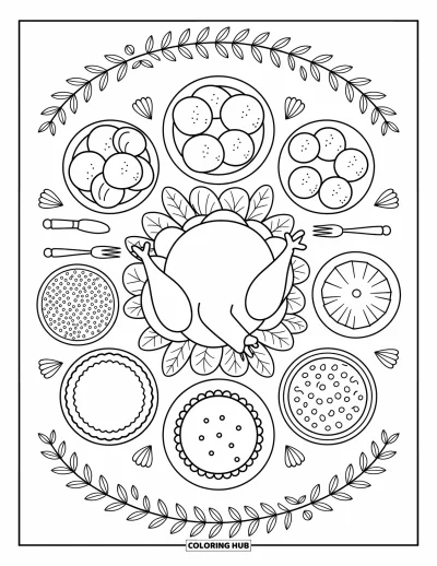 Coloriage de dinde de Thanksgiving pour adultes : Une dinde joyeuse est entourée de purée de pommes de terre, d'une tarte et de guirlandes de feuilles vues de dessus
