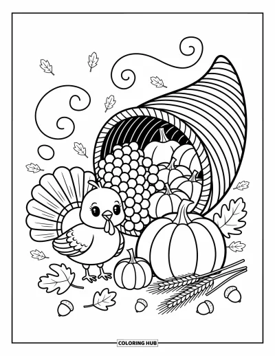 Coloriage de dinde de Thanksgiving pour adultes : Une dinde joyeuse se tient à côté d'une corne d'abondance remplie de pommes, de blé et de citrouilles