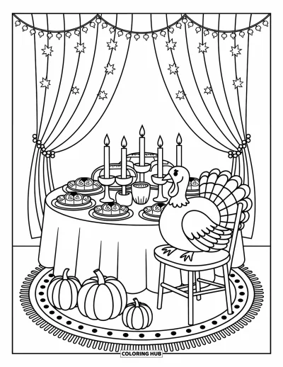 Coloriage de dinde de Thanksgiving pour adultes : Une petite dinde est assise à une table festive couverte de nourriture et entourée de décors d'automne