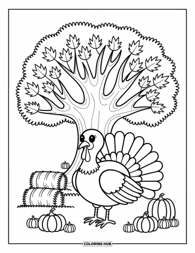 Coloriage de dinde de Thanksgiving pour adultes : Une dinde fière sous un arbre est encadrée par des feuilles qui tombent, des bottes de foin et de petites courges