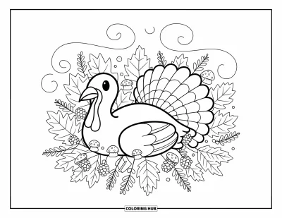 Coloriage de dinde de Thanksgiving pour adultes : Une dinde détendue se blottit dans un lit de feuilles d'automne, de champignons et de pommes de pin