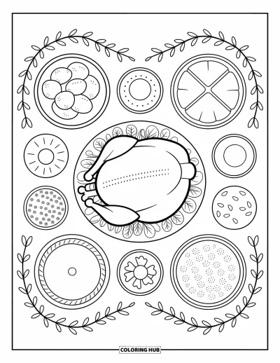Coloriage de dinde de Thanksgiving pour adultes : Une dinde rôtie trône au centre d'un pique-nique chaleureux avec des plats d'automne