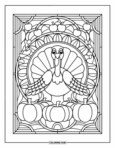 Coloriage de dinde de Thanksgiving pour adultes : Un cadre de vitrail de citrouilles et de pommes entoure une dinde placée au centre