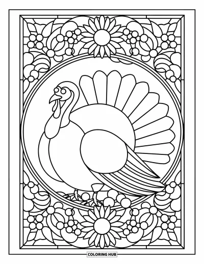 Coloriage de dinde de Thanksgiving pour adultes : Un motif de vitrail de tournesols et de canneberges entoure une fière dinde de Thanksgiving