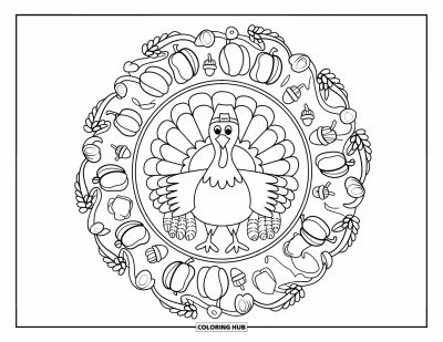 Coloriage de dinde de Thanksgiving pour adultes : Une dinde de Thanksgiving est encadrée par des vrilles enroulées, des courges et des glands dans un mandala