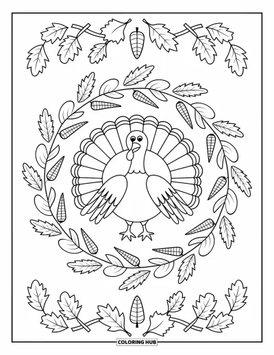 Coloriage de dinde de Thanksgiving pour adultes : Une dinde de Thanksgiving est nichée dans un anneau floral d'épis de maïs, de vignes et de feuilles de chêne