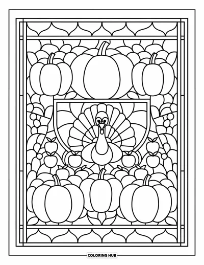 Coloriage de dinde de Thanksgiving pour adultes : Une dinde de Thanksgiving repose à l'intérieur d'un cadre de vitrail de pommes et de citrouilles