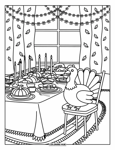 Coloriage de dinde de Thanksgiving pour adultes : Une petite dinde est assise à une table aux chandelles garnie de plats de Thanksgiving et de guirlandes d'automne