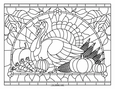 Coloriage de dinde de Thanksgiving pour adultes : Une dinde et une récolte d'automne sont présentées dans un ovale de vitrail avec des feuilles et des vignes tourbillonnantes