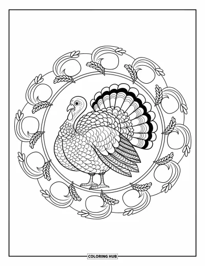 Coloriage de dinde de Thanksgiving pour adultes : Une dinde est au centre d'un mandala tourbillonnant avec des plumes, des pommes et du blé